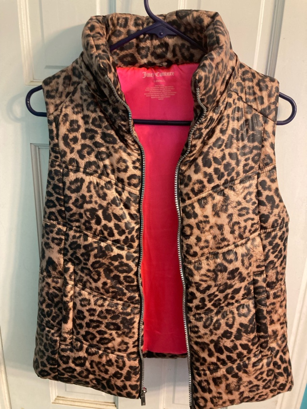 Juicy Couture Leopard Print Puffer Vest - Tan/Black with Pink Lining
